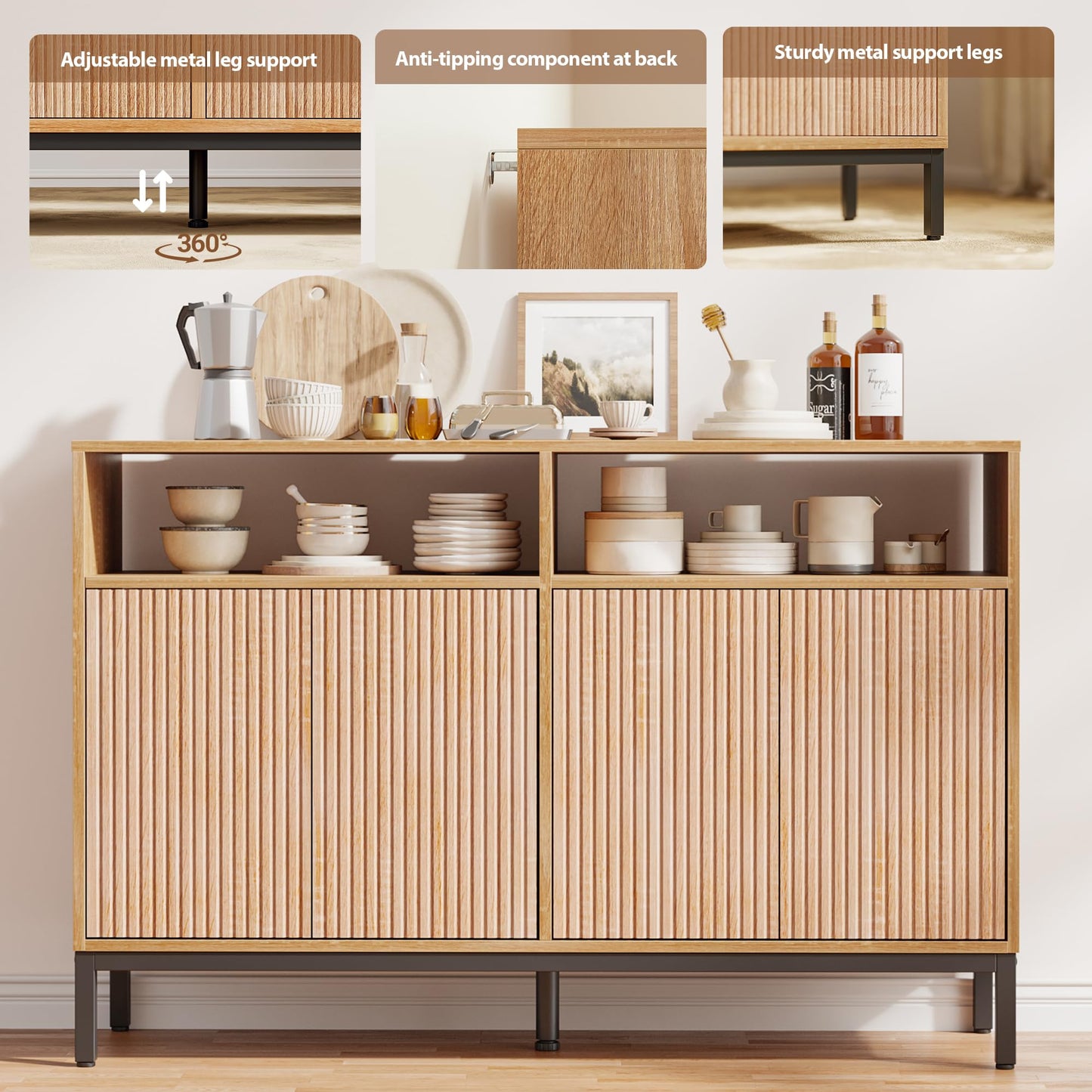 Mericonia Farmhouse Buffet Sideboard Cabinet with Storage, Fluted Coffee Bar with Doors and Adjustable Shelves, Modern Wood Console Cabinet for Kitchen, Livingroom (Fluted 4 Door, Natural)