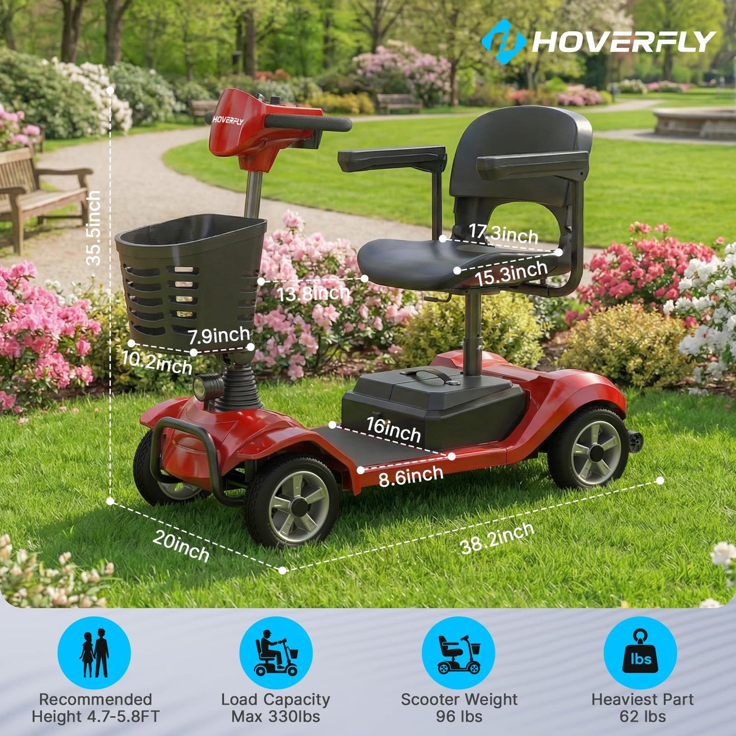 Hoverfly T4 Mobility Scooter for Seniors, Max 12.4-Mile Range & 3.7 mph, 3-Position Seat & Anti-slip Rear Wheel, Removed Battery&Quick Fold Design, Solid 9" Tire &330 lb Capacity, Ease of Assembly Red