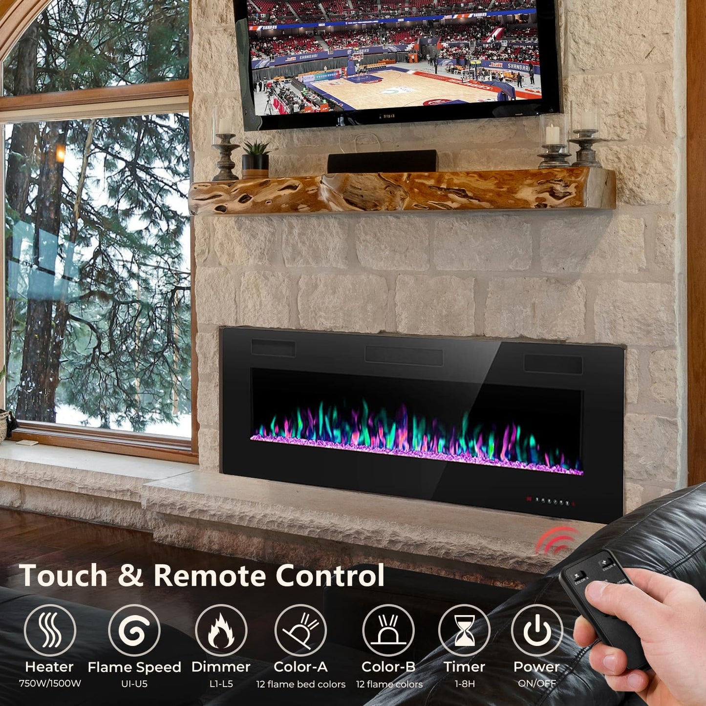 Crzoe Electric Fireplace, Recessed and Wall Mounted Fireplace Heater with Remote Control, Timer, Adjustable Flame Color and Speed, 750w/1500w Electric Fireplace Inserts