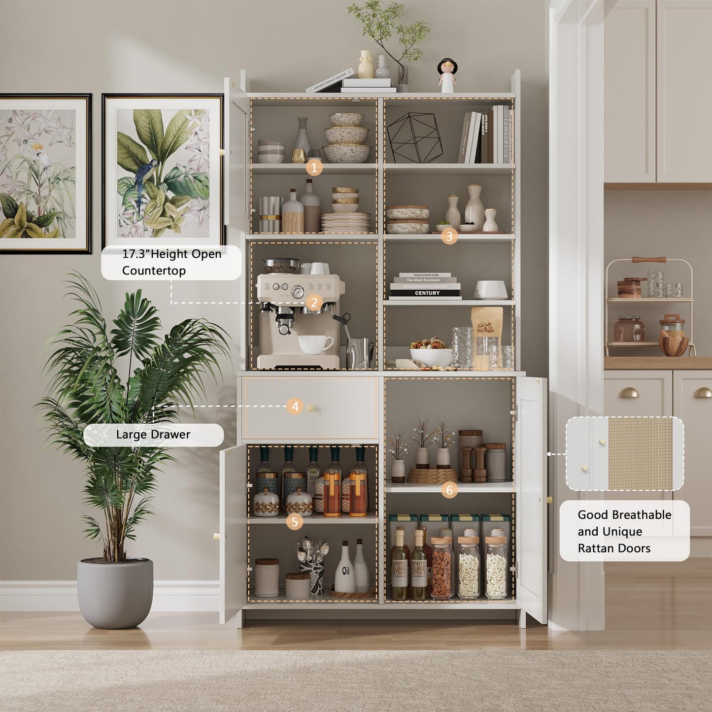 IDEALHOUSE Kitchen Pantry Cabinet with Adjustable Shelf, 71" Tall Storage Cabinet with Microwave Stand, Food Pantry Cabinets for Kitchen, Dining Room, Living Room, White