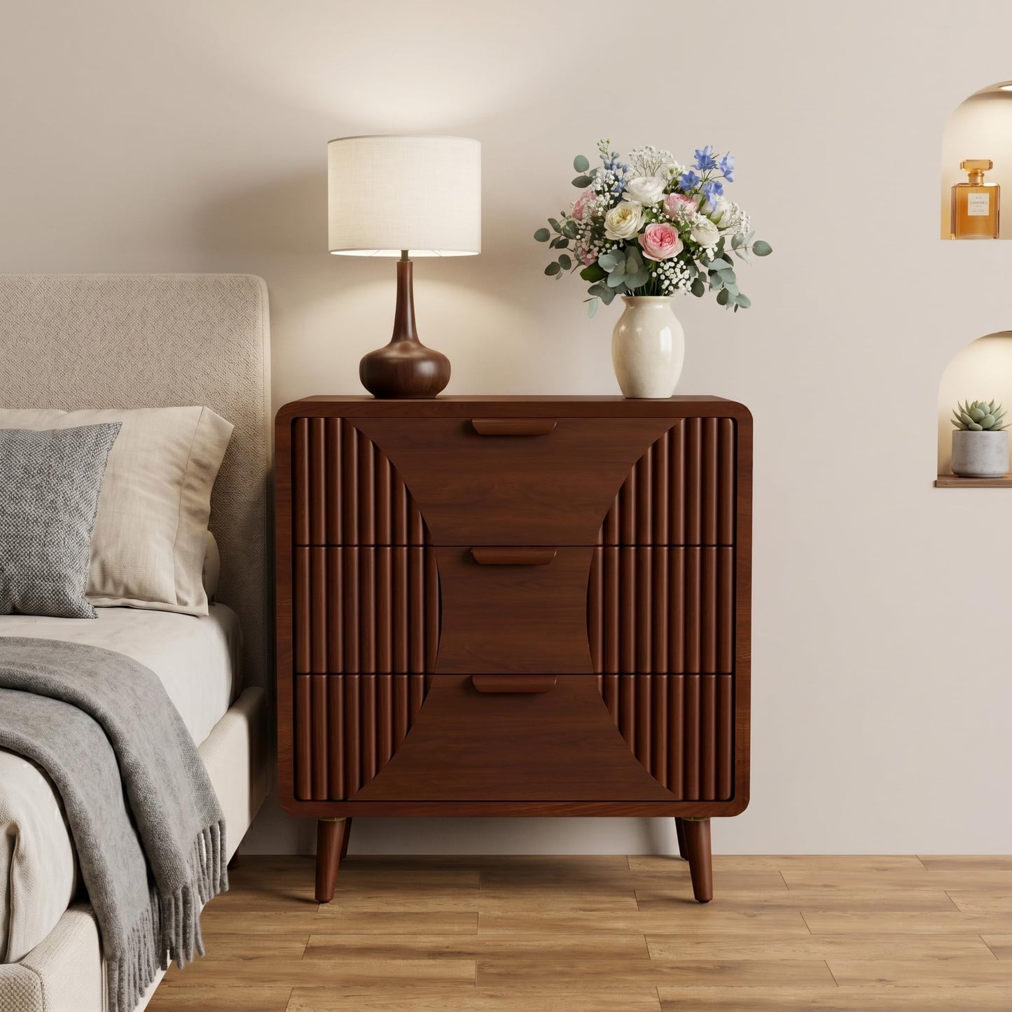 COSIEST Tall Nightstand with 3 Drawers, Mid-Century Modern Fluted Bedside Table, Walnut Wood Accent Cabinet with Storage for Bedroom, Brown