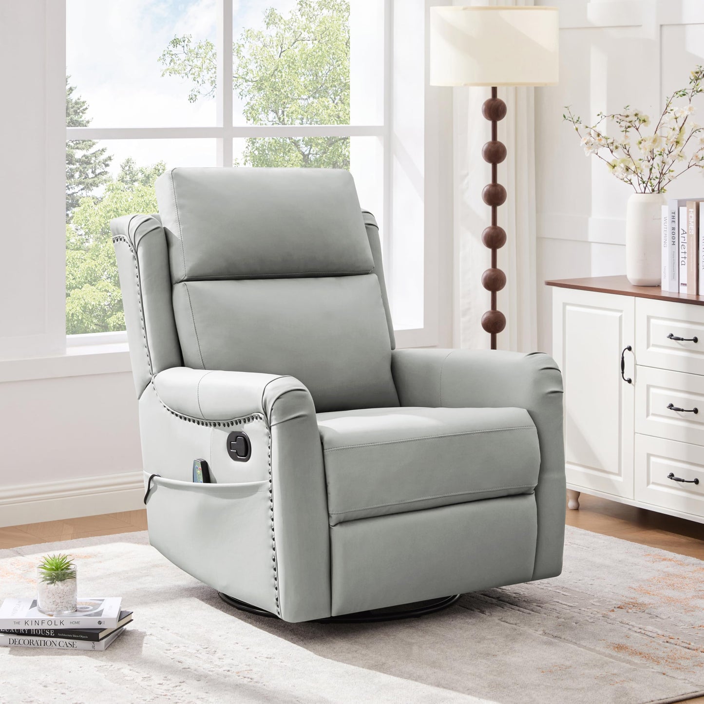 Merax Modern Manual Recliner Chair with Massage & Heat, 270° Swivel Rocking Chair, PU Leather Upholstered Home Theater Recliner with Storage Pocket, Adjustable Backrest for Living Room, Grey