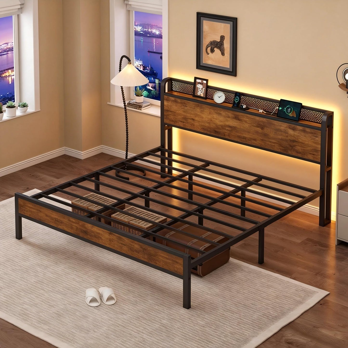 Nedenyou King Bed Frame with Charging Station and LED Lights,Heavy Duty Platform Beds King Size with Storage Headboard,USB Port,Rustic Wood and Strong Metal Support,No Box Spring Needed, Noise Free