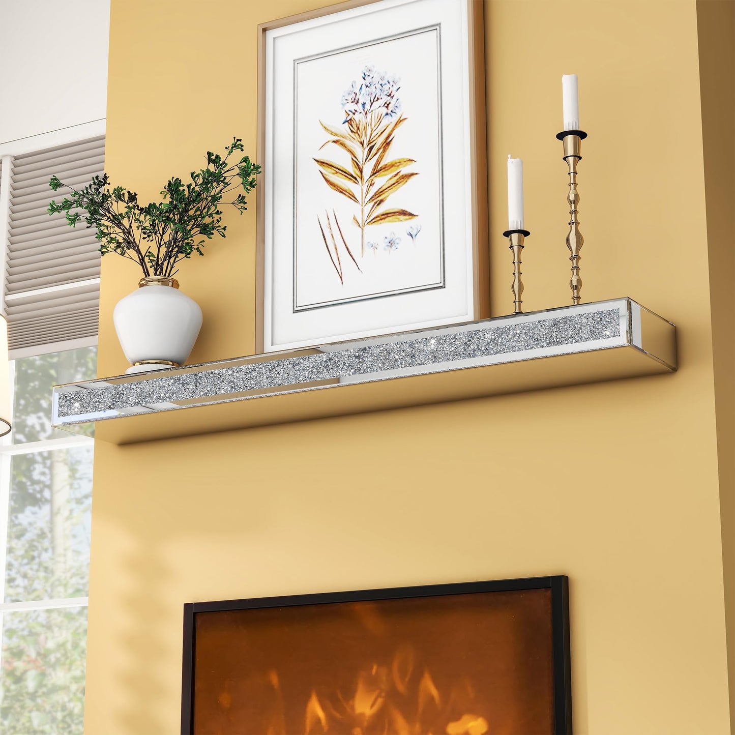 blingworld Mirrored Fireplace Mantel 60 Inches, Handcrafted Glass Mantel for Over Fireplace, Crystal Crushed Diamond Fireplace Mantel Shelf, Wall Mounted Floating Fireplace Mantels, Silver