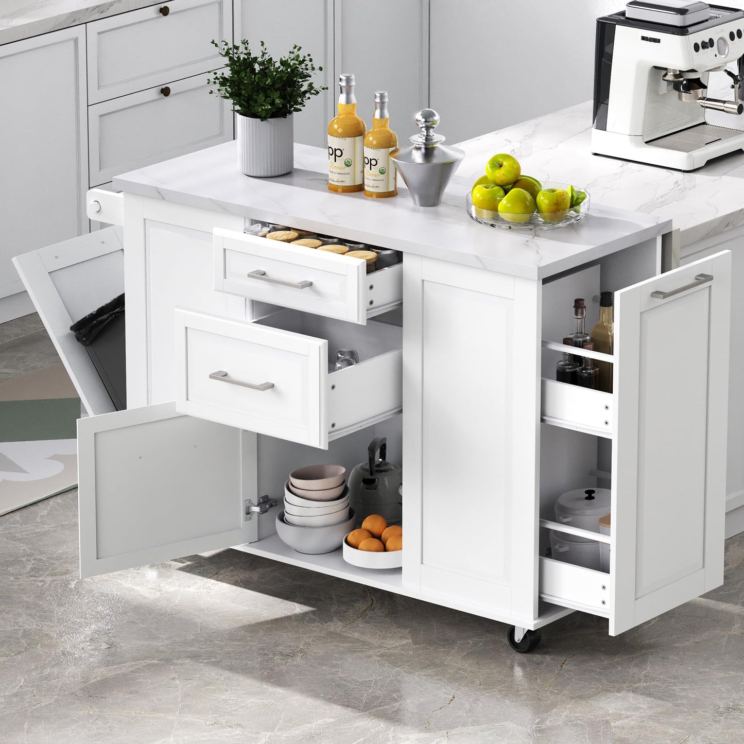 Merax 50.7" Kitchen Island with Storage Tilt Trash Can Cabinet and Pull Out Cabinet Organizer, Rolling Kitchen Island on 5 Wheels with Drop Leaf, 2 Drawers, 1Door for Dining Room, White