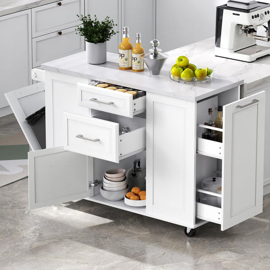 Merax 50.7" Kitchen Island with Storage Tilt Trash Can Cabinet and Pull Out Cabinet Organizer, Rolling Kitchen Island on 5 Wheels with Drop Leaf, 2 Drawers, 1Door for Dining Room, White