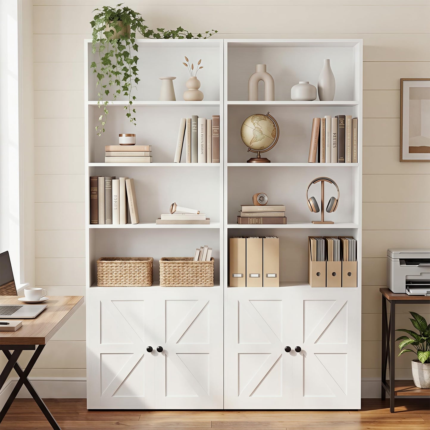 YESHOMY Farmhouse Bookshelf and Bookcase with Storage, 71.5" Tall Industrial Bookshelves and Bookcases with Doors, 4-Tier Floor Standing Tall Display Cabinet for Home Office, Living Room, White, 2 PCS