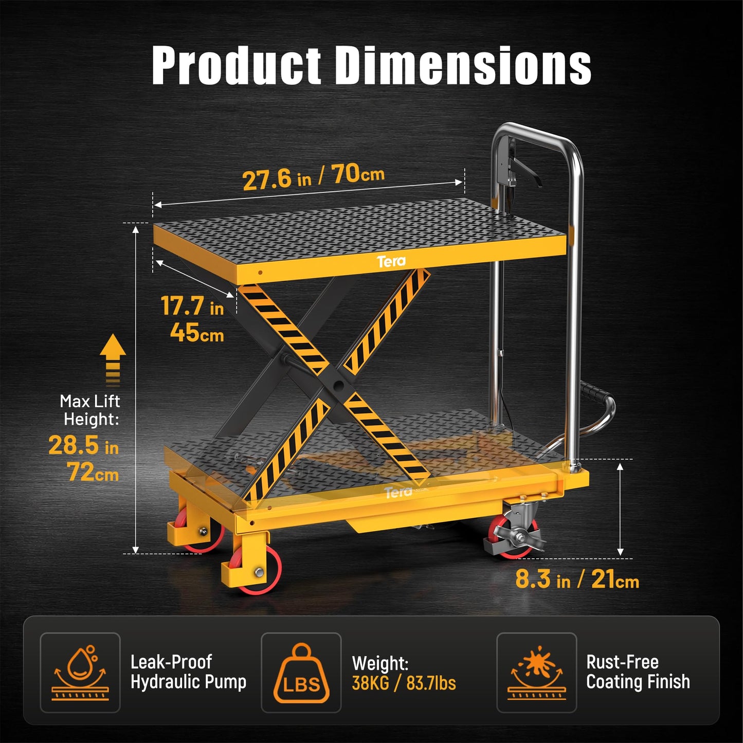 Tera Hydraulic Lift Table Cart: 550lbs Single Scissor 8.3"-28.5" Lift Range