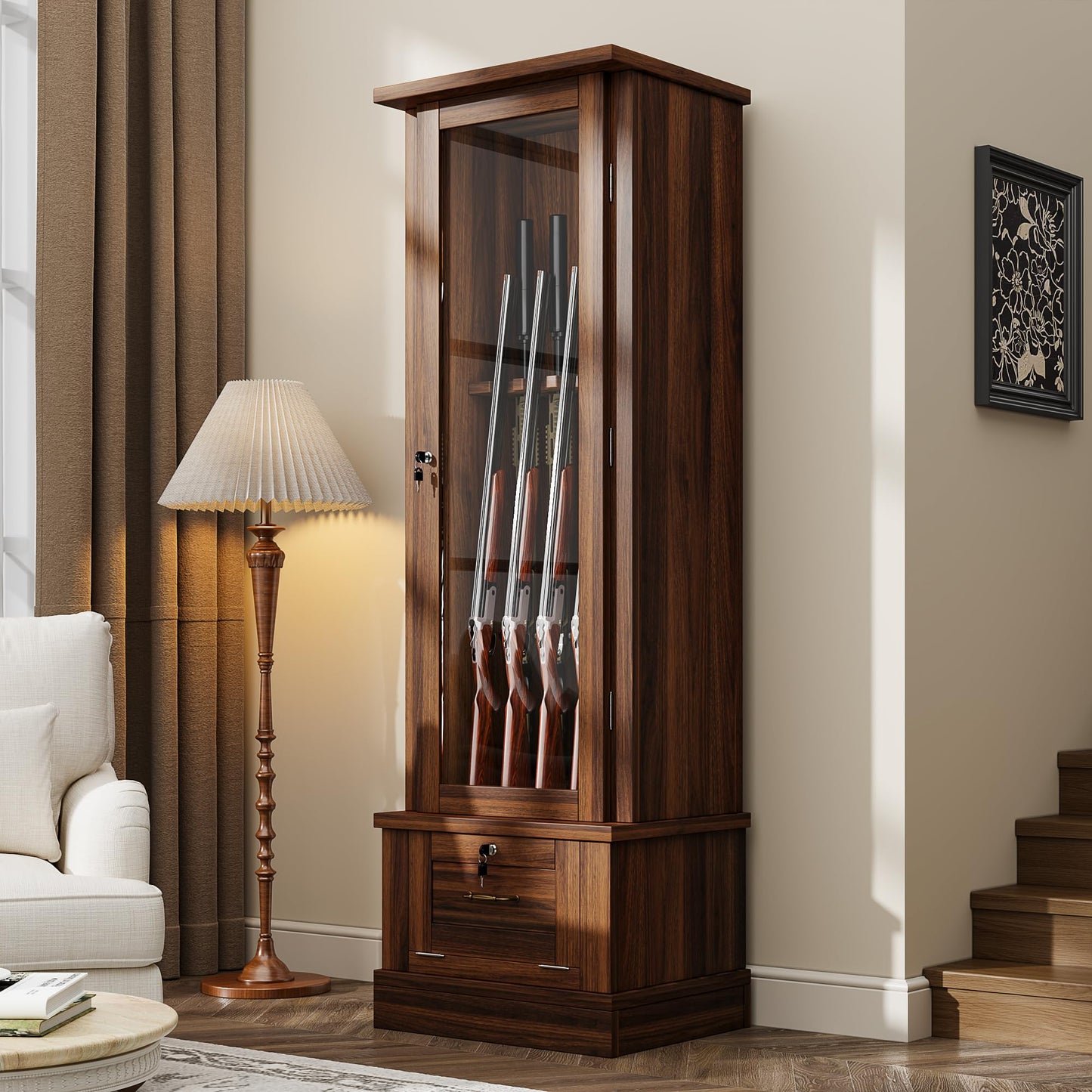 kepptory Gun Safe for 10 Long Rifles and Pistols, Gun Cabinet for Rifle with Mechanical Lock, Espresso Wood Gun Cabinet for Bedroom, Living Room, Easy Assembly