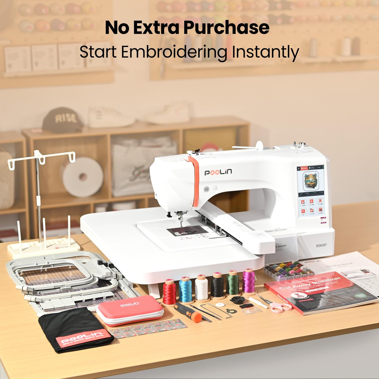 Poolin EOC07 Computerized Embroidery Machine,15"x 7.9" Large Embroidery Area,4 Hoops,200 Built-in Designs,Large 7" Touchscreen,Wi-Fi &USB Transfer,Institch Digital Software