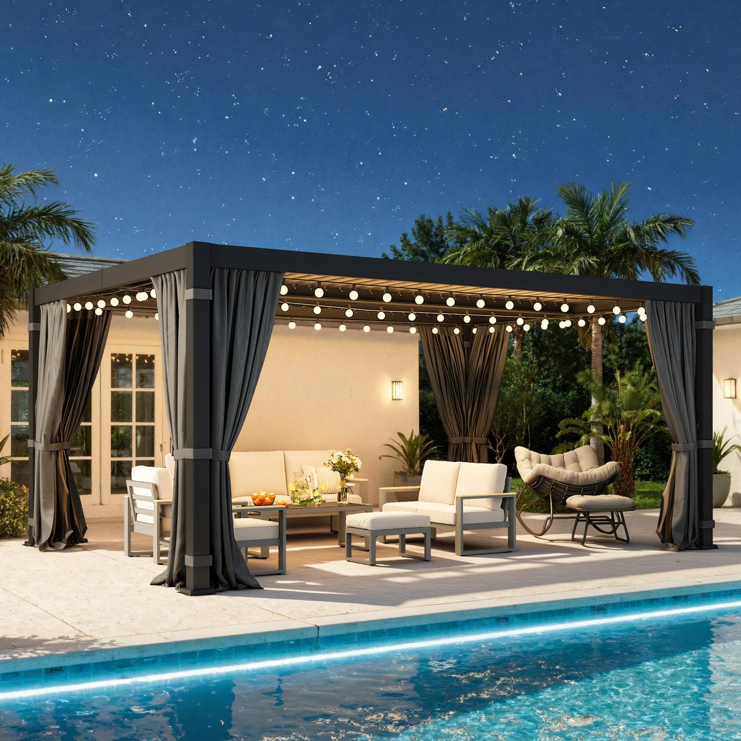 12' x 16' Louvered Pergola, Outdoor Pergola with Metal Adjustable Louvered Roof & Gutter System, Hardtop Patio Gazebo for Backyard, Patio, Garden, Dark Gray