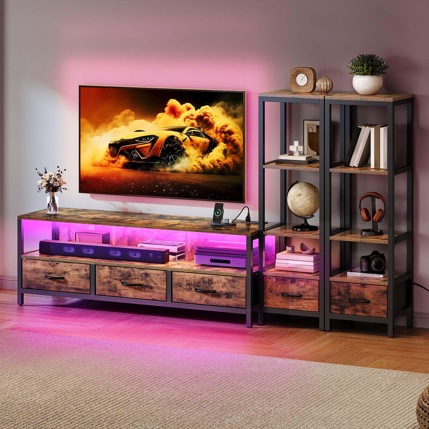 YITAHOME TV Stands for 65 inch TV Entertainment Center with 2 Industrial 4-Tier Bookshelves, LED TV Stands for Living Room, Modern Farmhouse TV Console Cabinet with Power Outlets, Rustic Brown