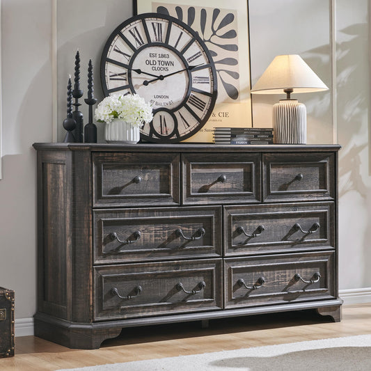 T4TREAM Farmhouse 7 Drawers Dresser for Bedroom, 54" Wide Wood Rustic Chest of Drawers with Natural Texture, Vintage Design, Storage Dressers Organizer for Bedroom, Living Room, Dark Rustic Oak