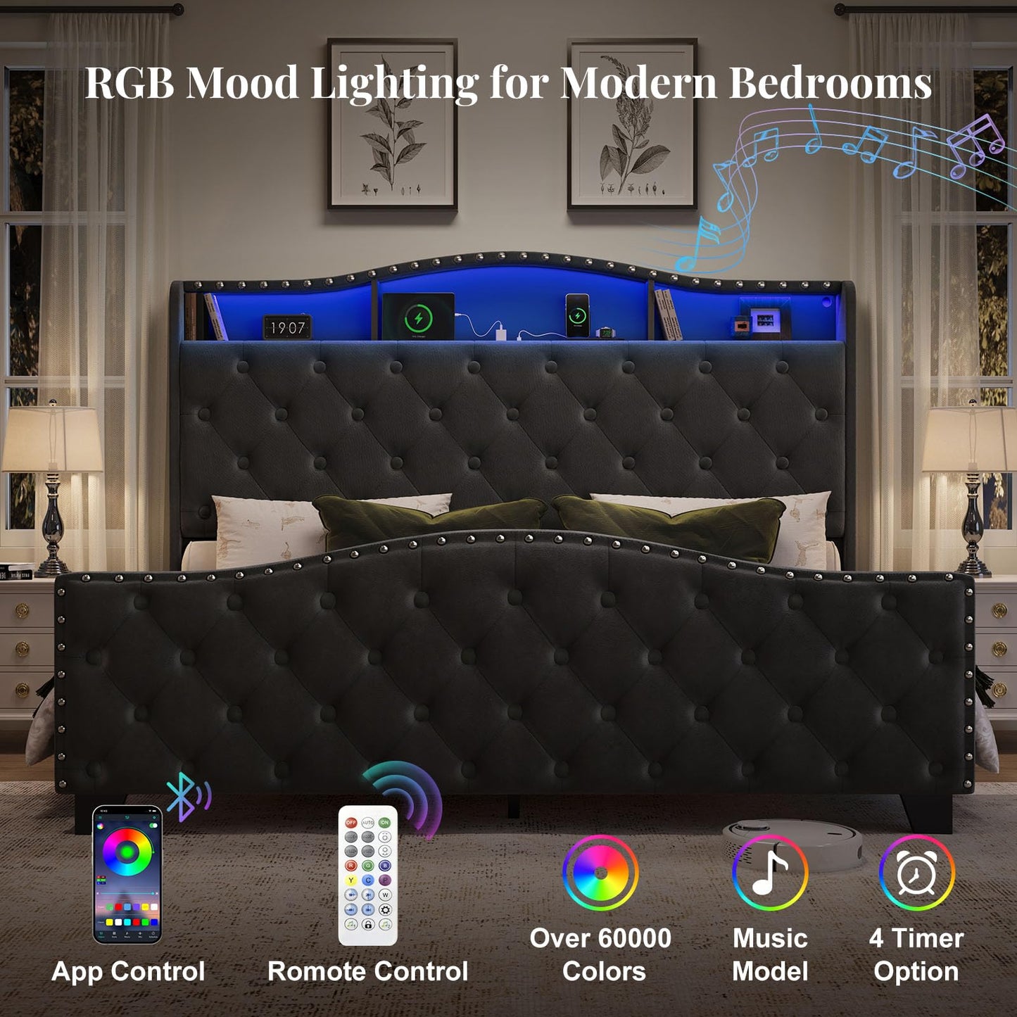 Belffin Queen Size Bed Frame and Headboard, 50.9" Velvet Upholstered Wingback Bedframe with LED Lights & Storage/Charging Station, Button Tufted Tall Footboard, No Box Spring Needed, Noise-Free, Black