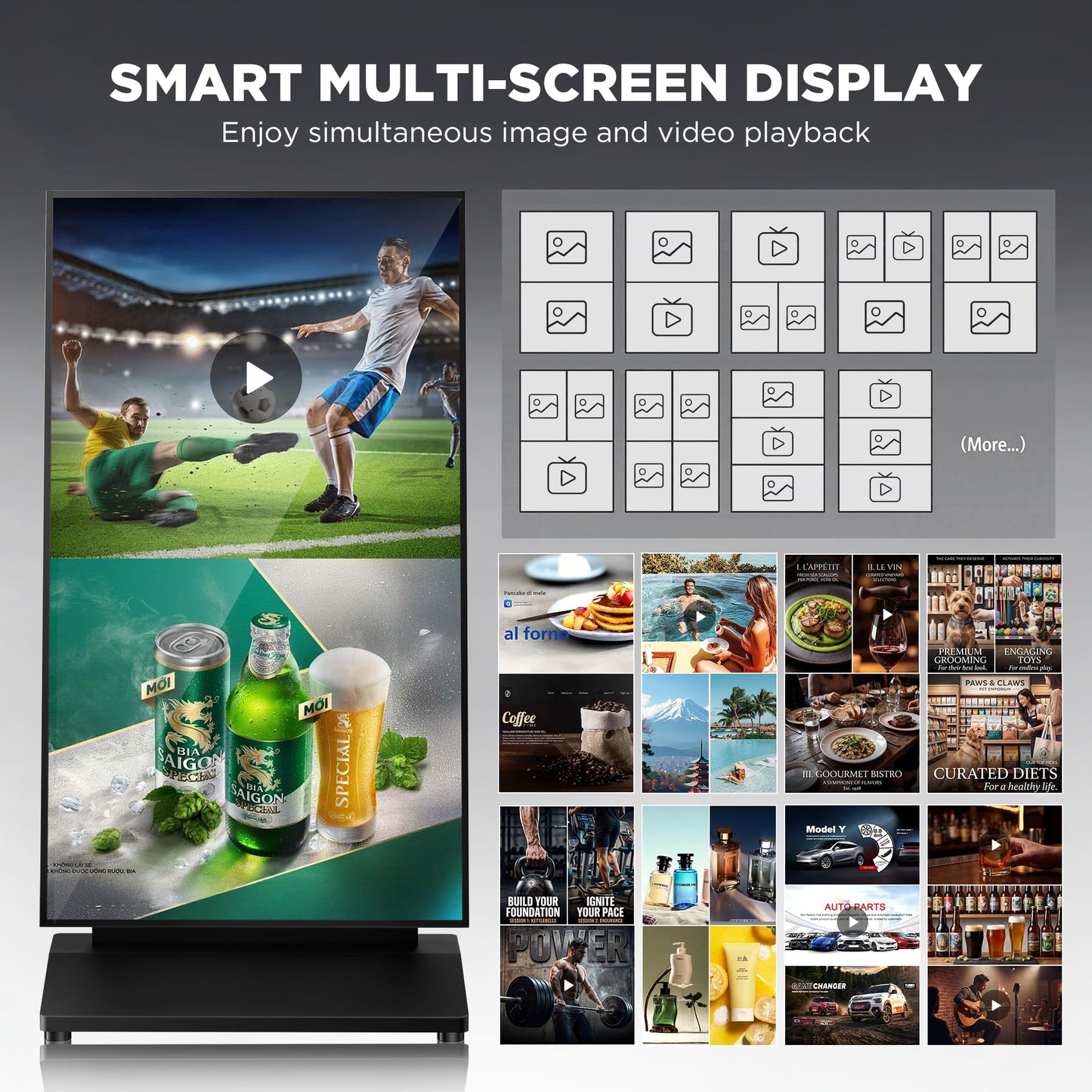 JASZDOT 43 Inch Digital Signage Display, 4K 800 Nits UHD Full Screen LCD Advertising Kiosk, Portable Floor Standing Auto AD Player Android14 App-Based Control with USB/HDMI/WiFi