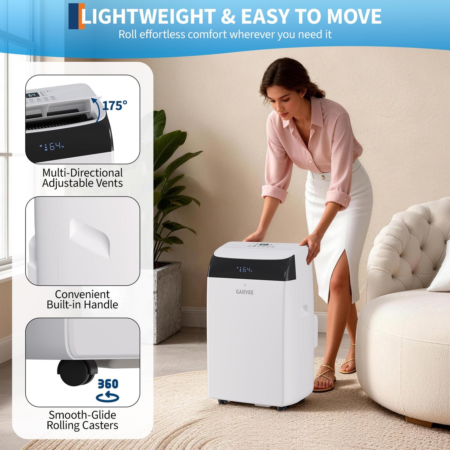 Garvee 14,000 BTU Inverter Portable Air Conditioner, Dual Hose with Heat Pump, Energy Efficient Smart AC Unit for Rooms Up to 700 sq.ft, Quiet Cooling & Dehumidifier with Remote