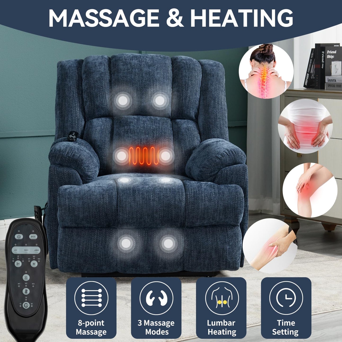 KEIKI Oversized Dual Motor Power Lift Recliner Chair for Elderly, Chenille Upholstery Breathable Rocking Chair with Back Massager and Heated, Living Room Lounge and Family Home Comfort, Blue