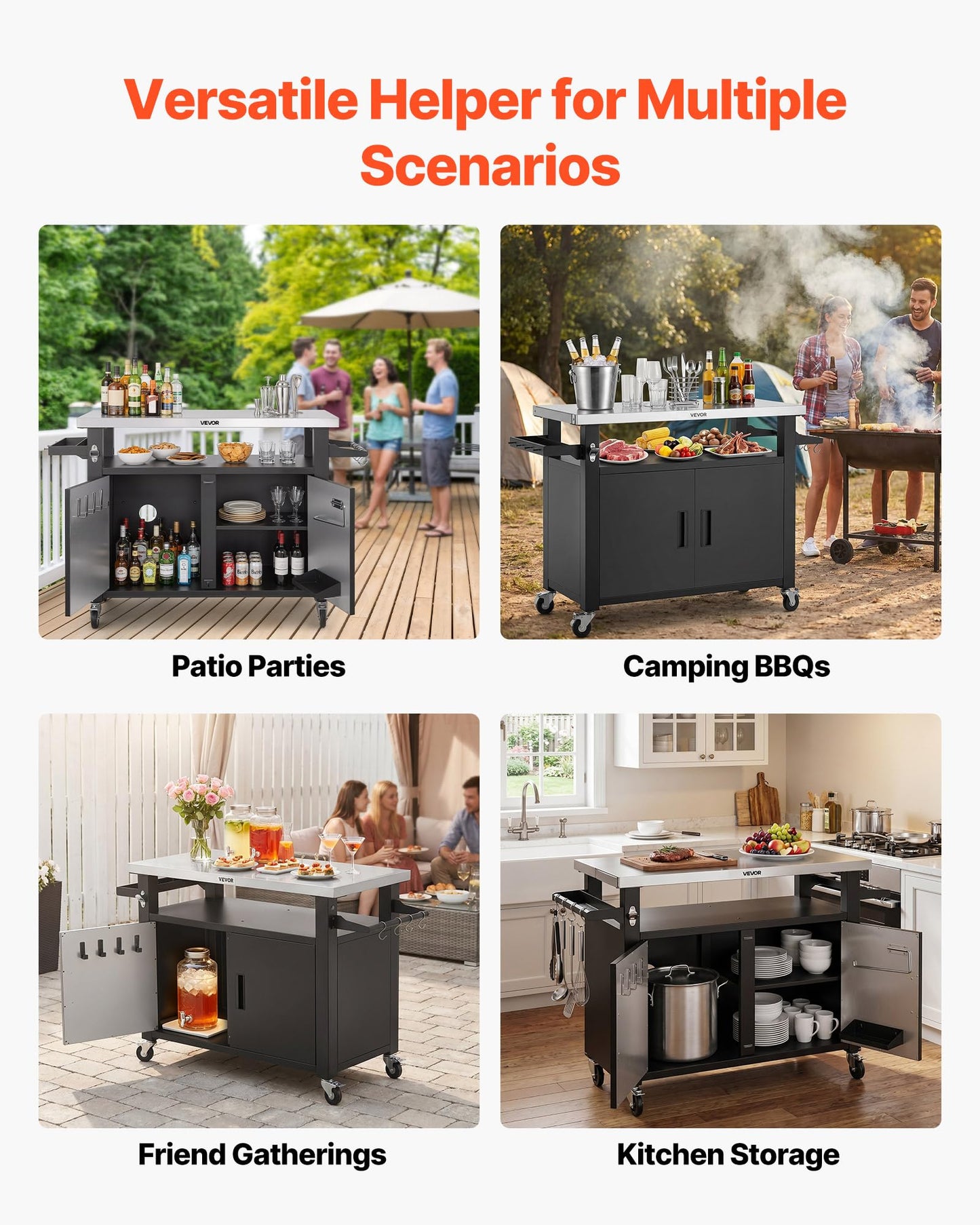 VEVOR Outdoor Grill Cart with Storage Cabinet, 53.1 Inch Grill Table, Waterproof Kitchen Island with Stainless Steel Top, Shelf, and Wheels, Movable Food Prep Station for Patio Bar Backyard BBQ