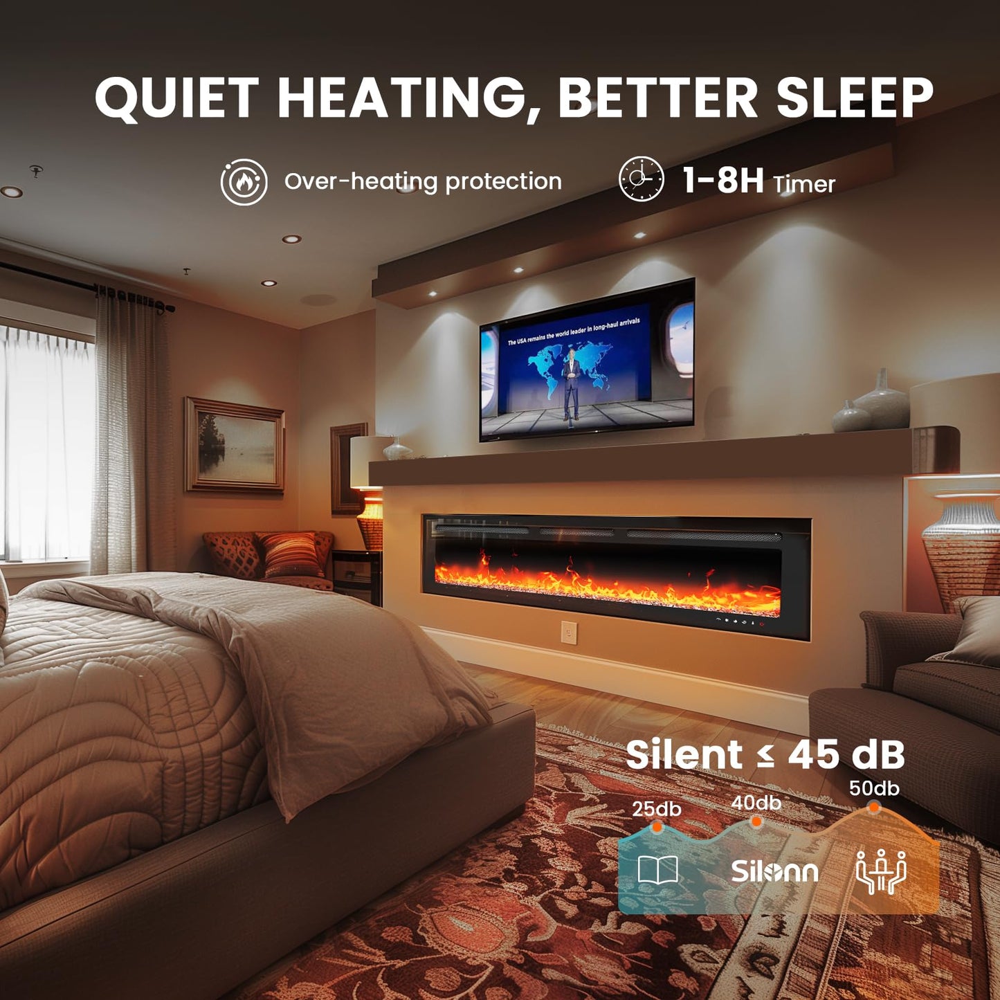 Silonn 50″Smart Electric Fireplace Heater with App & Remote Control, 4777 BTU Heat Output, Ultra-Slim Wall-Mounted or Recessed Electric Fireplace Inserts with Timer, 20 Flame Colors,WiFi Enabled
