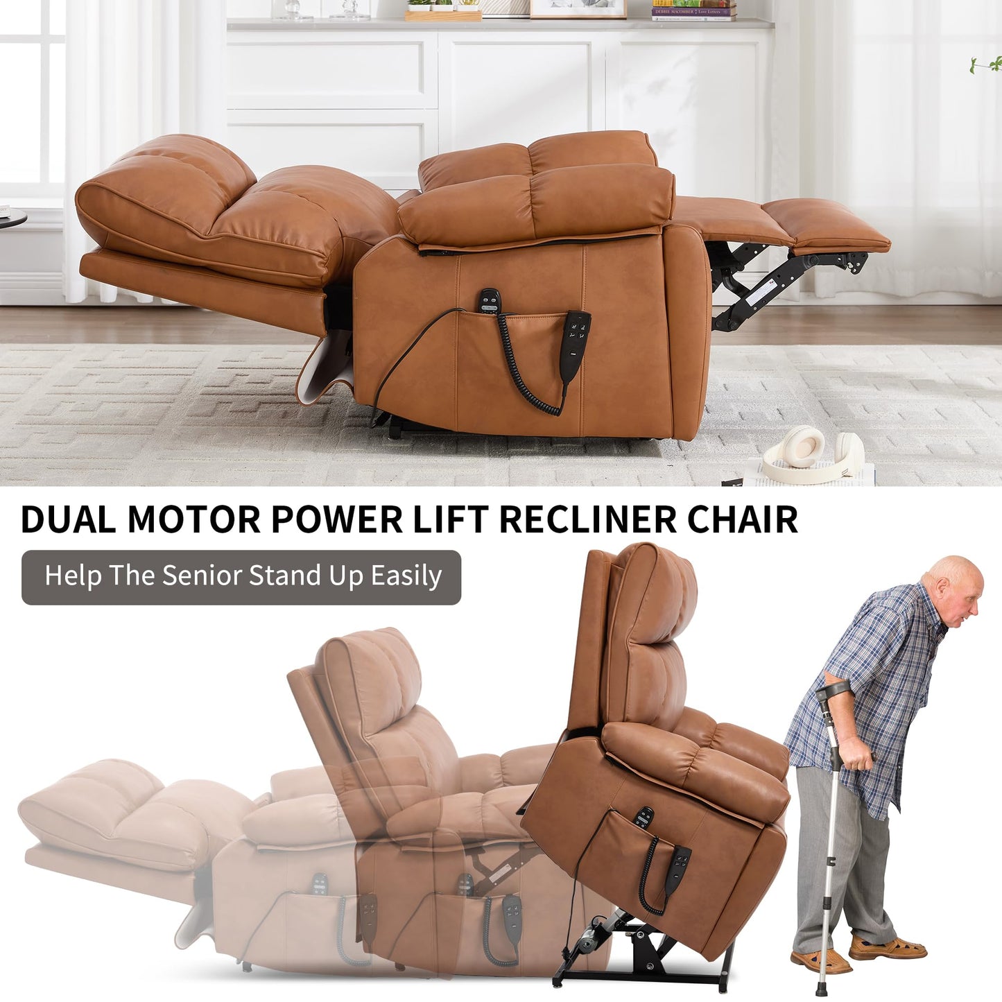 KEIKI Leatheraire Oversized Electric Power Lift Recliner Chair with Heat & Massage, Dual Motor, Infinite Positions, Hidden Cup Holders, Medium-Firm, Heavy Duty Up to 350 lbs, Orange