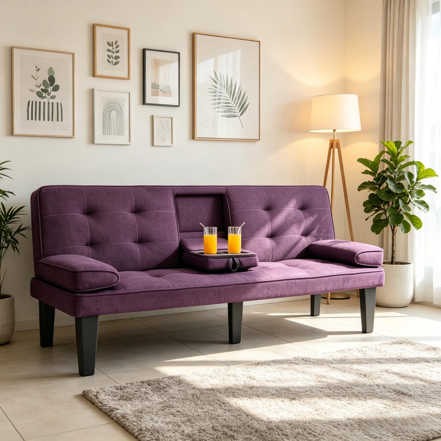 Trygoal Linen Futon Sofa Bed, Small Futon Couch Bed with Adjustable Armrest and Tufted Back, Convertible Sofa Beds with Adjustable Backreat for Small Spaces, Living Room, Apartment, Purple