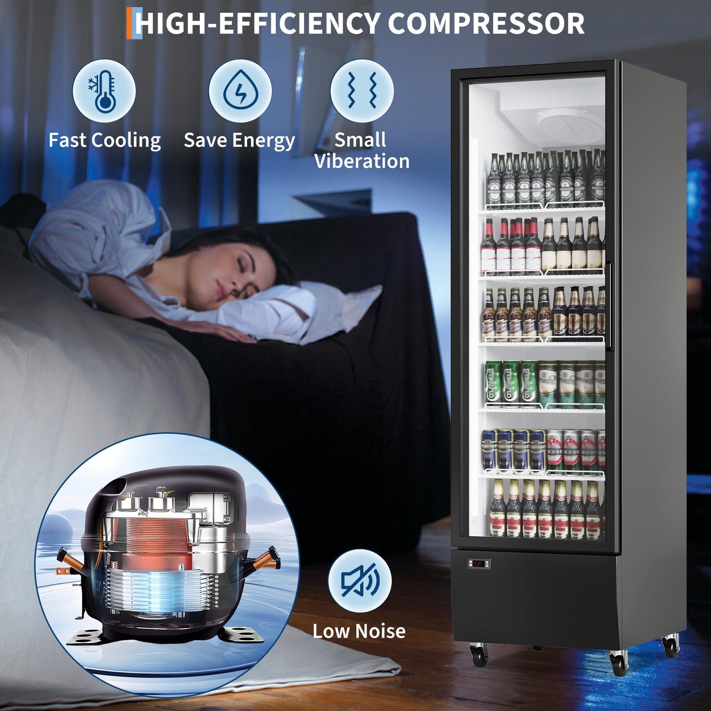 13.4 CF Commercial Refrigerator Display Refrigerator, Glass Door Upright Fridge, Cooler with Adjustable Shelves, Beverage Refrigerator for Shop, Restaurant, Store, Kitchen Appliances, Black