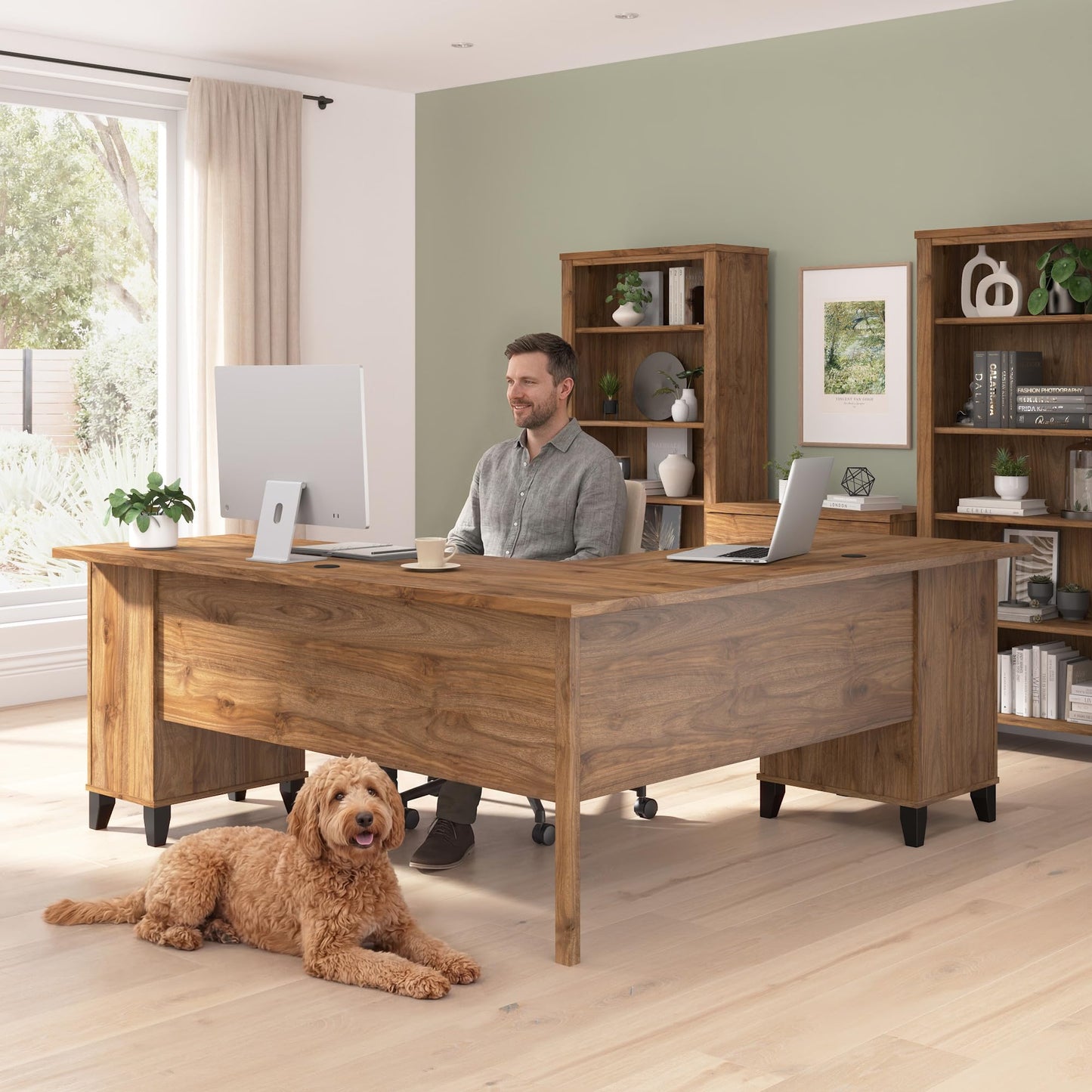 Bush Home 72-Inch L-Shaped Desk with Storage, Corner Computer Office Desk with File and Box Drawers, Home Office Workstation with Storage Cabinet, Somerset Collection, Fresh Walnut