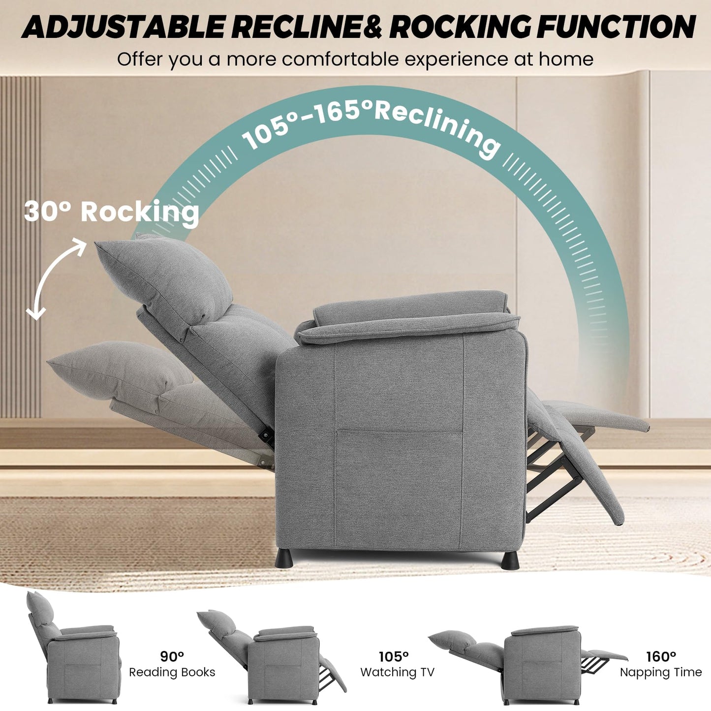 GarveeHome Elertric Recliner Chair with Massage and Heat, Adjustable Single Recliners Sofa with Remote Control Home Theater Seating &Armchair for Living Room/Office (Fabric, Grey)