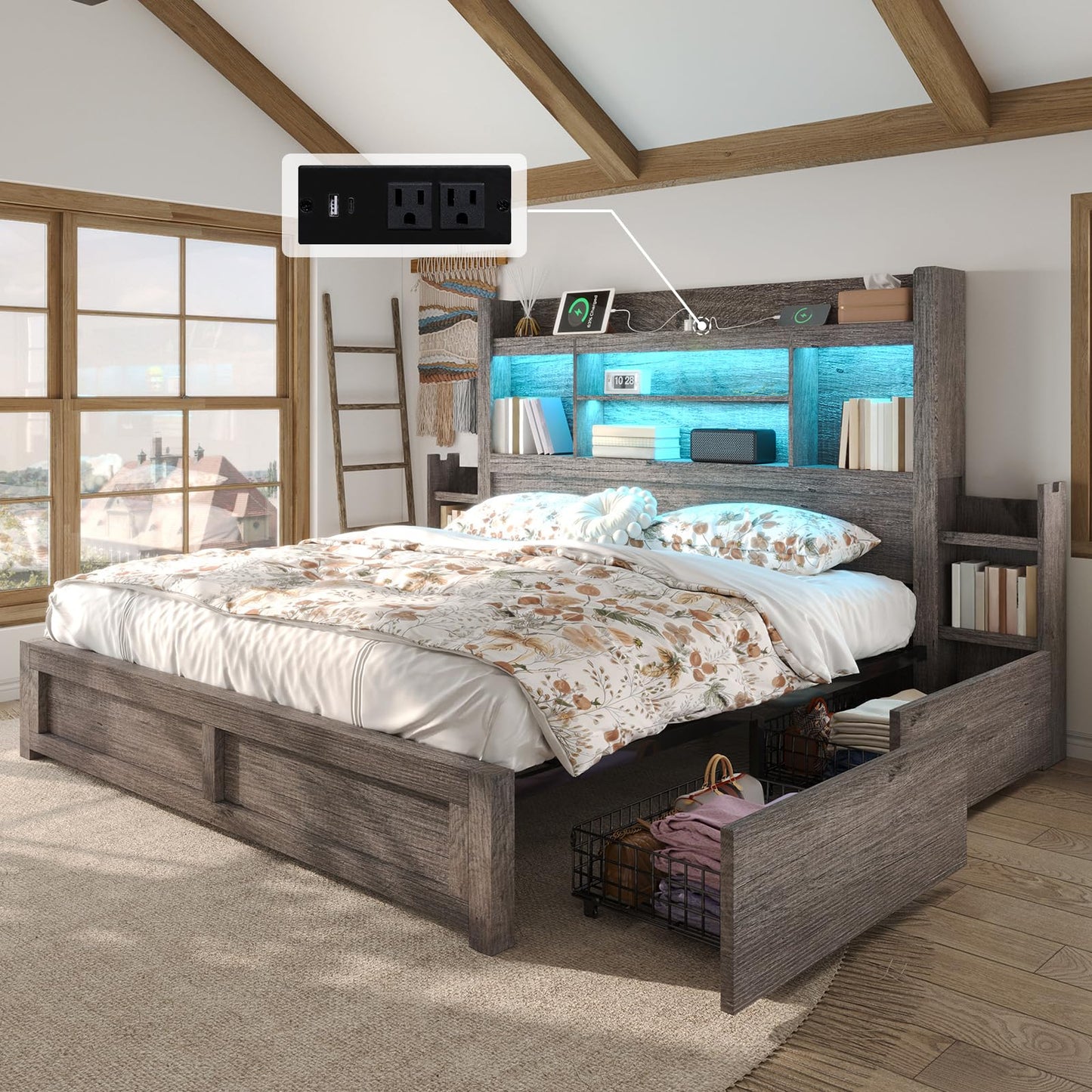 LUXOAK King Bed Frame with 49.6" Bookcase Headboard & 2 Bedside Stoage Racks & 4 Drawers, Farmhouse Wood Bed Frame with RGB LED & Charging Station, No Box Spring Needed, Grey