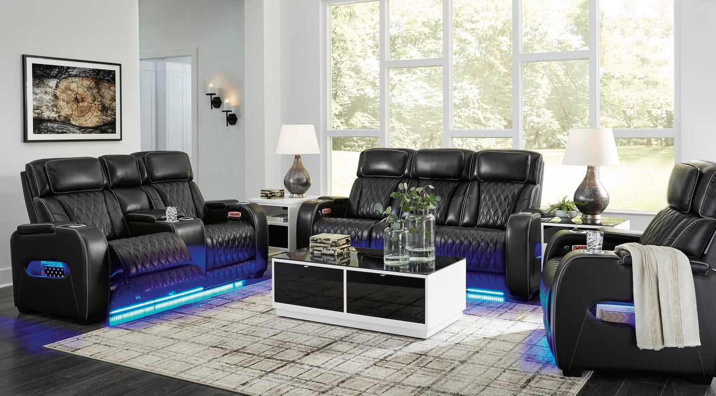 Signature Design by Ashley Boyington Contemporary Leather Match Power Recliner with Adjustable Headrest, Cup Holders, USB Port and Air Massage System, Black