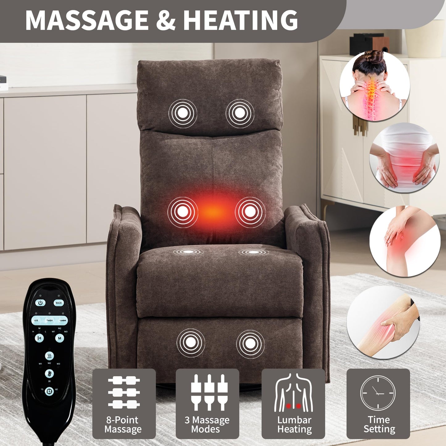 KEIKI 4-in-1 Manual Swivel Rocker Recliner Chair for Home Living Room, Polyester Chair with Back Massager & Heat, Home Theater Seating with Lumbar Support, Cozy Modern Style for Old Money, Brown