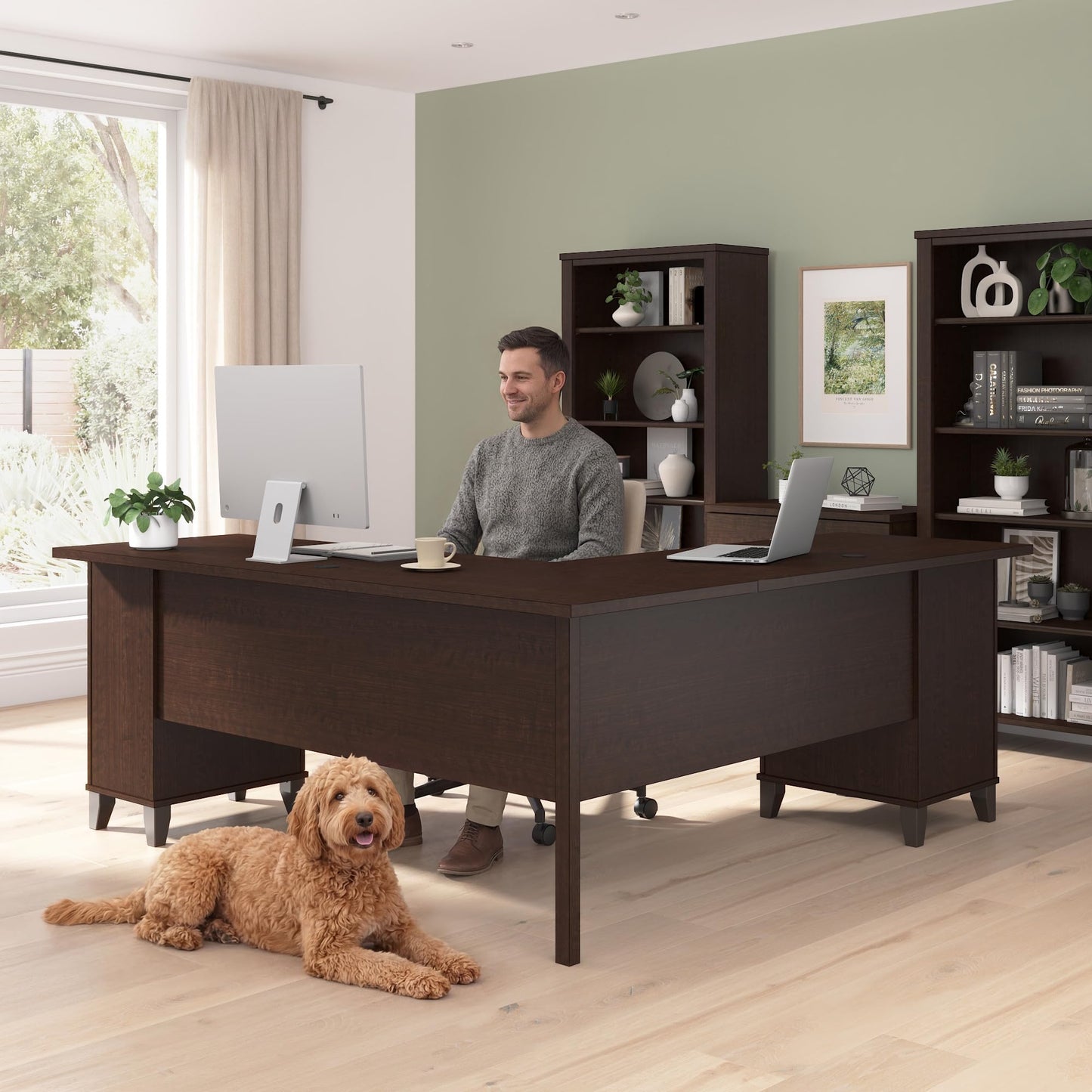 Bush Home 72-Inch L-Shaped Desk with Storage, Corner Computer Office Desk with File and Box Drawers, Home Office Workstation with Storage Cabinet, Somerset Collection, Mocha Cherry