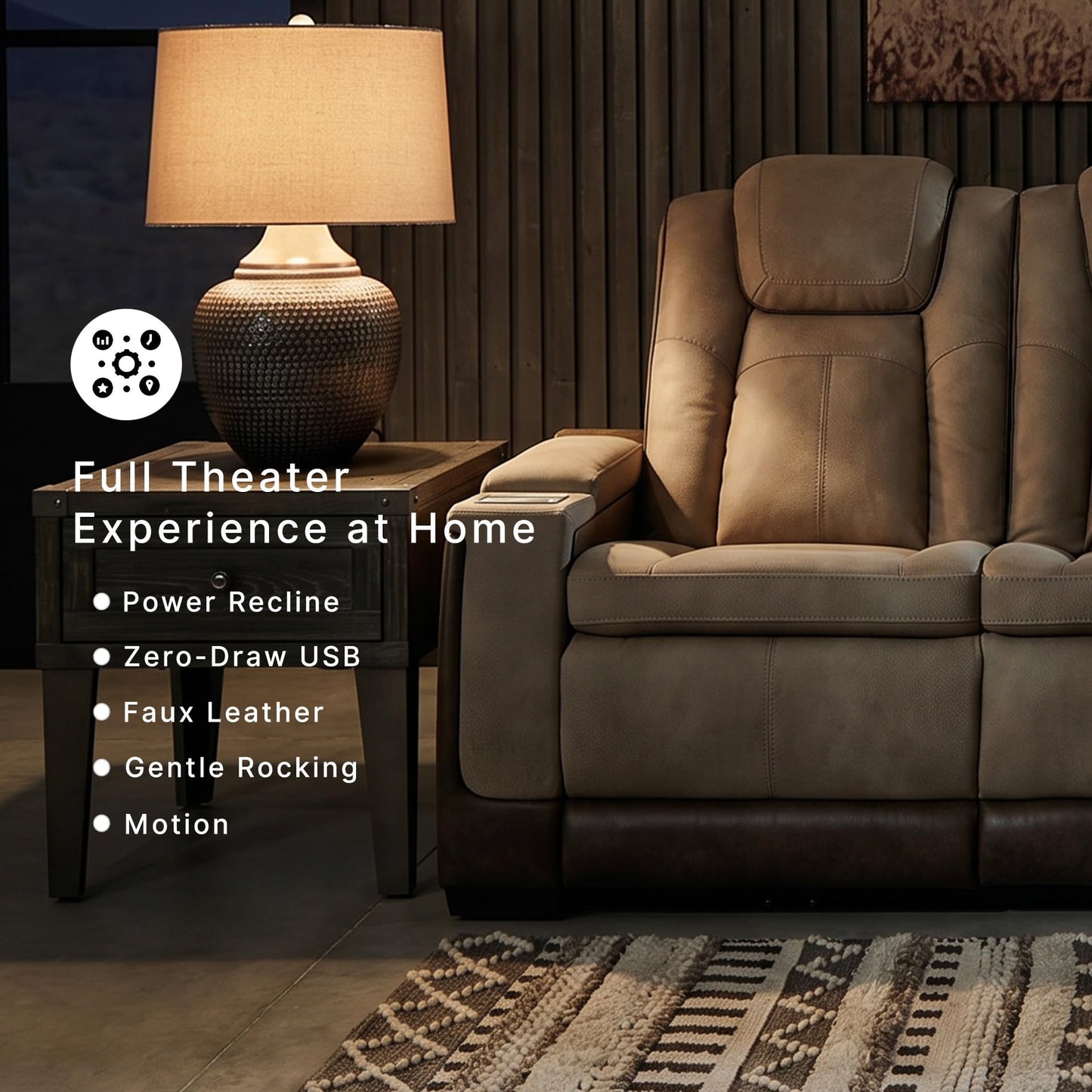 Signature Design by Ashley Next-Gen DuraPella Power Reclining Sofa – Wireless & USB Charging, Zero-Gravity, Adjustable Headrest, Water-Repellent Faux Leather, Drop-Down Table, Beige/Brown, 86”