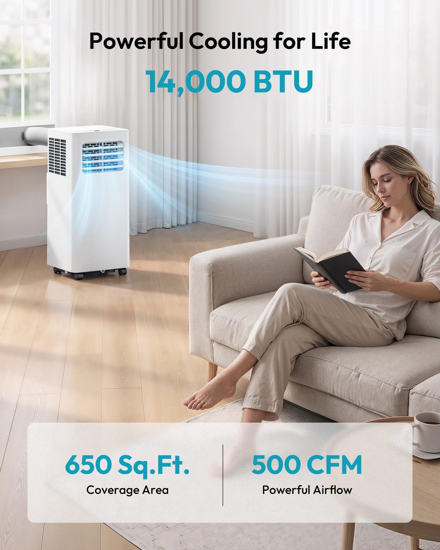 EUHOMY Portable Air Conditioners 14,000 BTU, Smart 4-in-1 Portable AC Unit Cools Up to 650 Sq.Ft, Cool, Dehumidifier, Fan, Remote/WiFi App Control, Window Kit for Bedroom, 350 CFM, 24H Timer