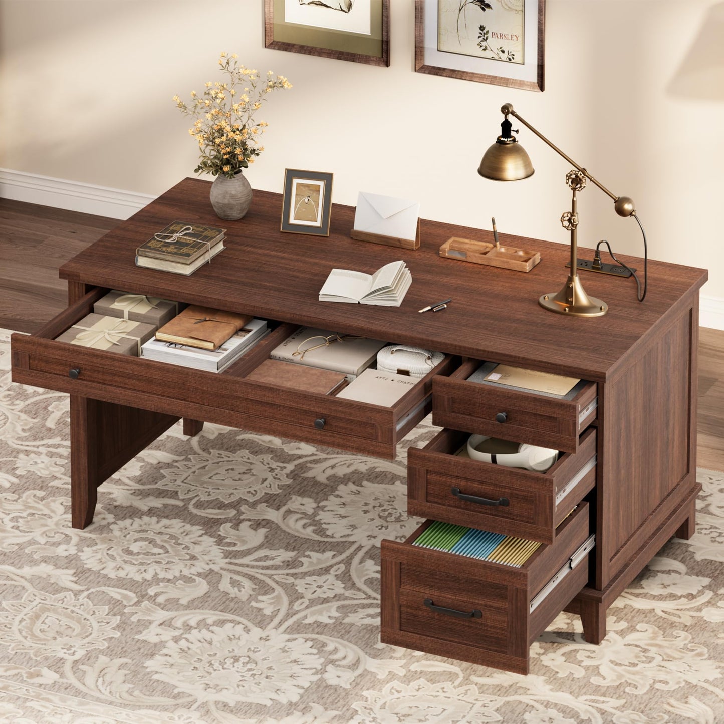 Garvee 53.5" Wooden Home Office Desk with File Drawers, Executive Desk with Power Outlet, Farmhouse Wood Desk with Storage, Distressed Study and Work Table, Rustic Brown