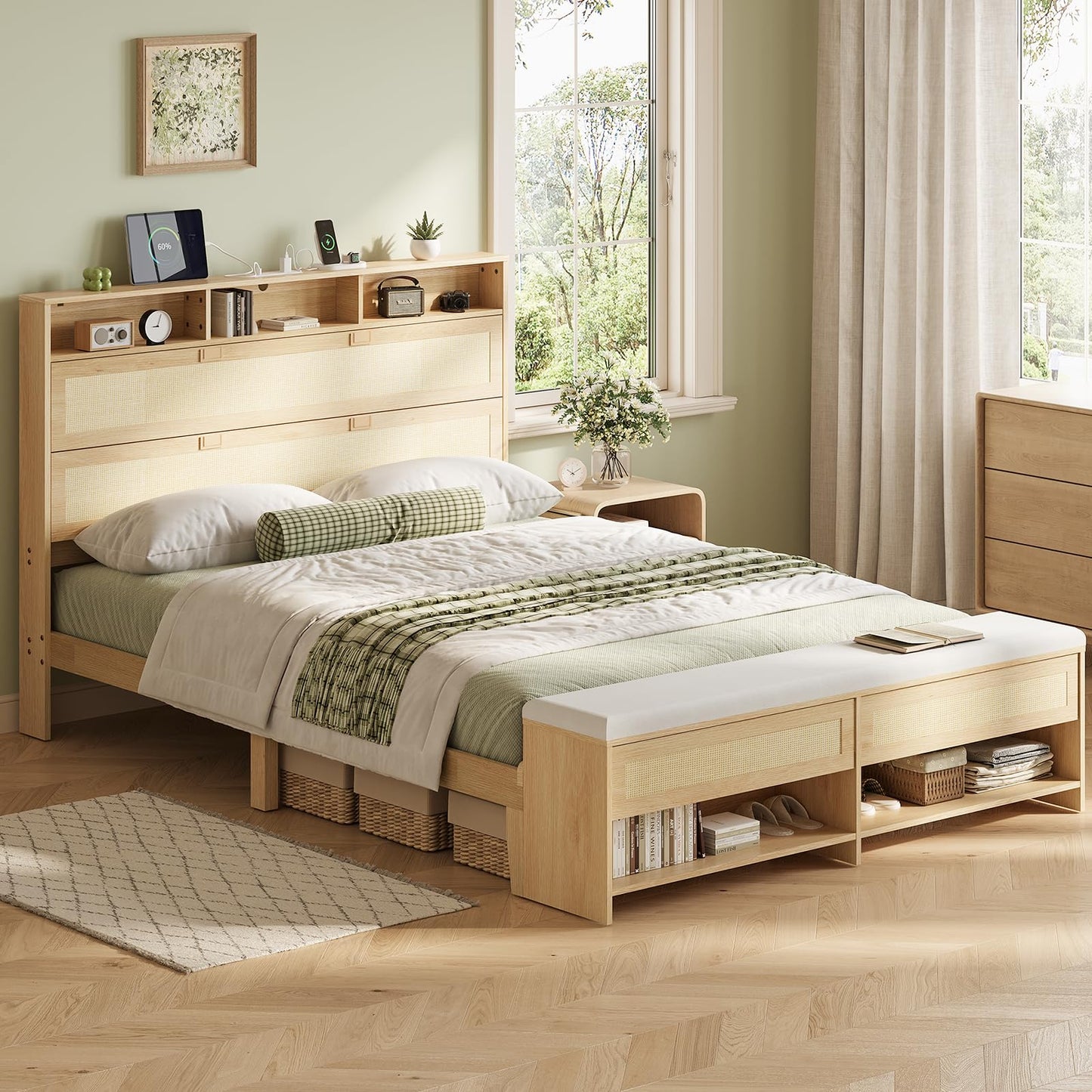 VINGLI Queen Rattan Bed Frame with Storage Headboard and Charging Station,Boho Bed with Shelves and Bench, Modern Wood Platform Bed,No Box Spring Needed, Space Saving Design for Bedroom