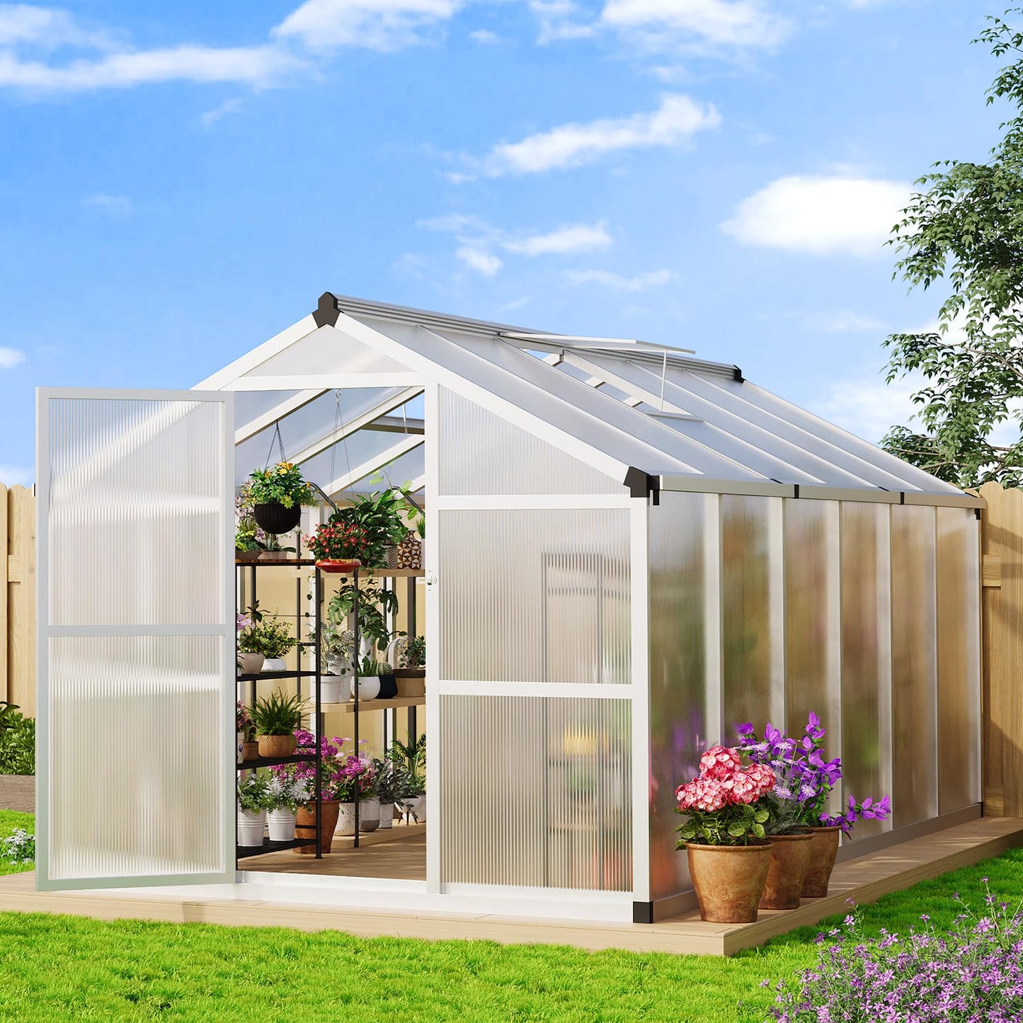 Greenhouse, Aluminum Frame & Polycarbonate Panel Greenhouse for Outdoors, Green House with Adjustable Roof Vent & Lockable Door, Durable Walk-in Green Houses for Backyard, Patio, Lawn