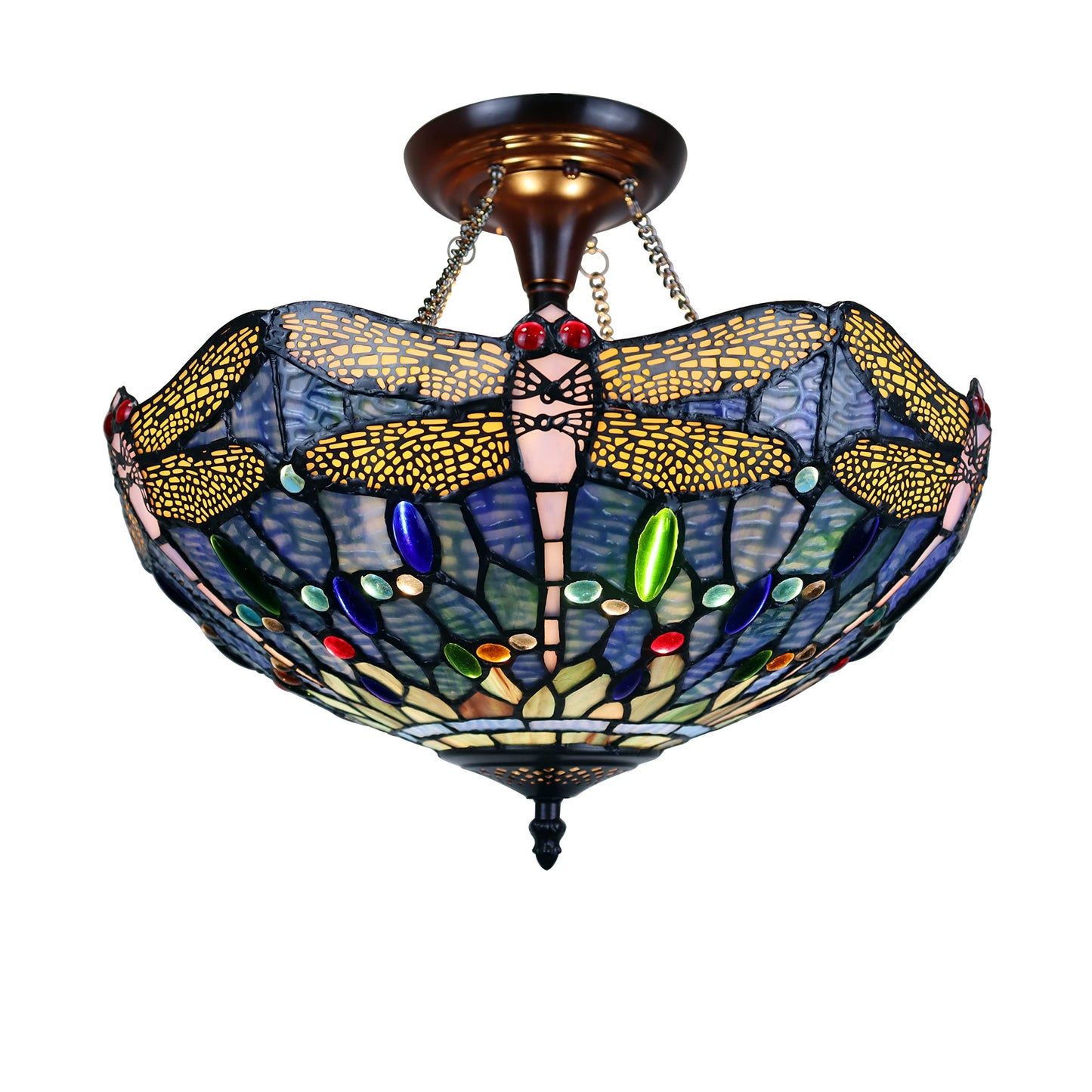 Chloe Lighting Dragonfly Tiffany-Style Semi-Flush Ceiling Fixture, 2 Light, 16in Wide, Dark Bronze, Multicolor, Model CH3T524BD16-UF2
