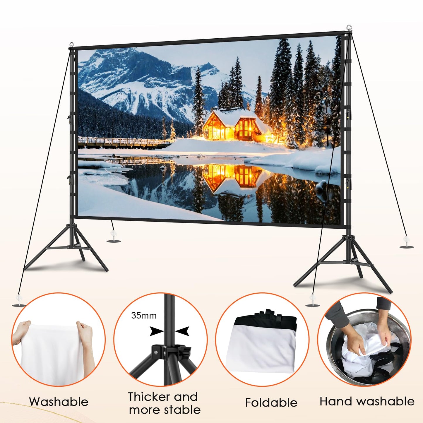Outdoor Projector Screen with Stand, 200 inch Indoor Movie Screen 16:9 4K Rear Front Portable Projection Screen, Quick Setup Foldable Travel Home Theater Screen with Carry Bag for Backyard Camping