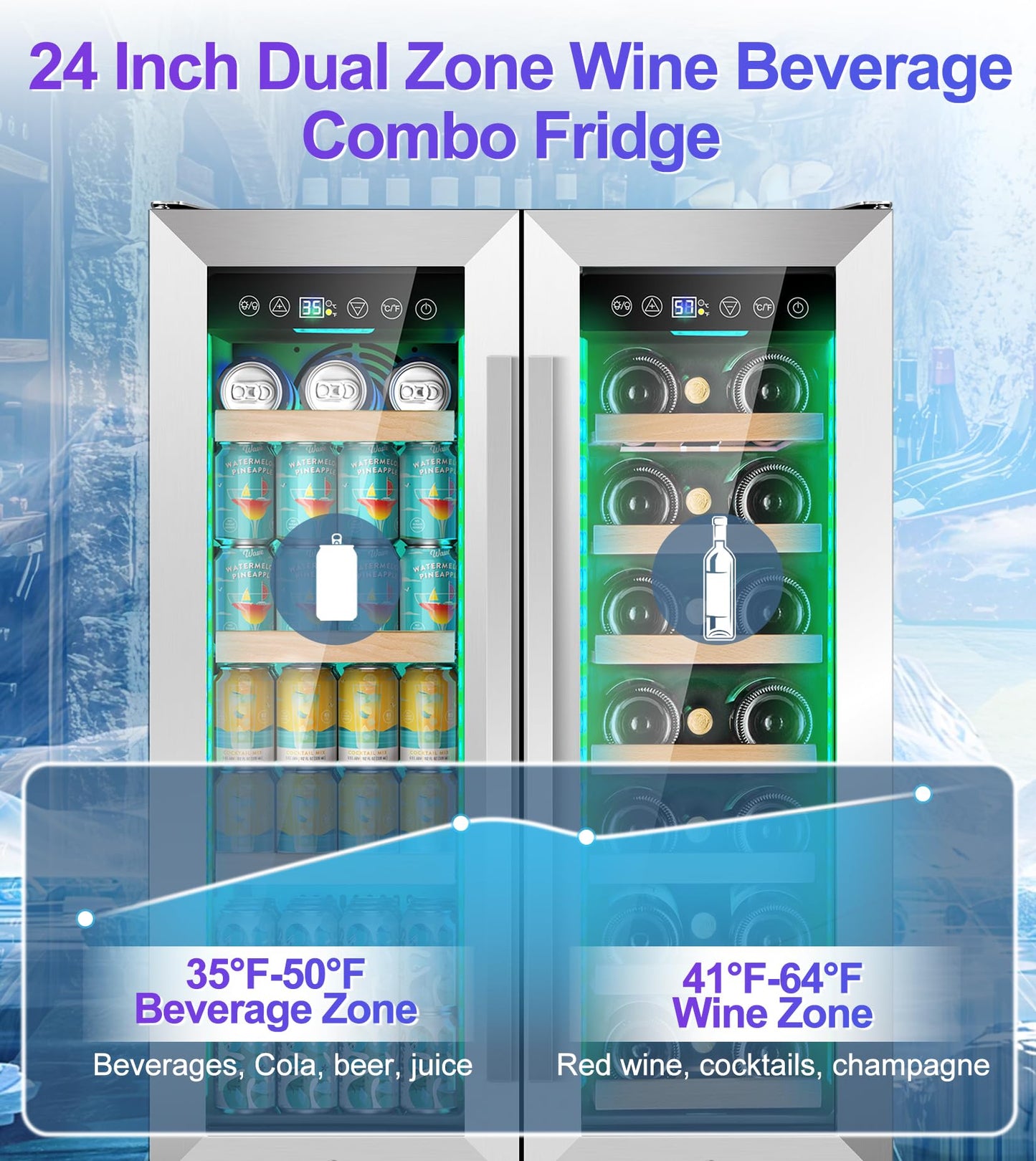 24 Inch Wine and Beverage Refrigerator, 90 Can & 21 Bottle Dual Zone Under Counter or Freestanding Wine Beverage Cooler, 3 LED Stainless-Steel Fridge with Glass Door Fast Cooling for Home/Kitchen