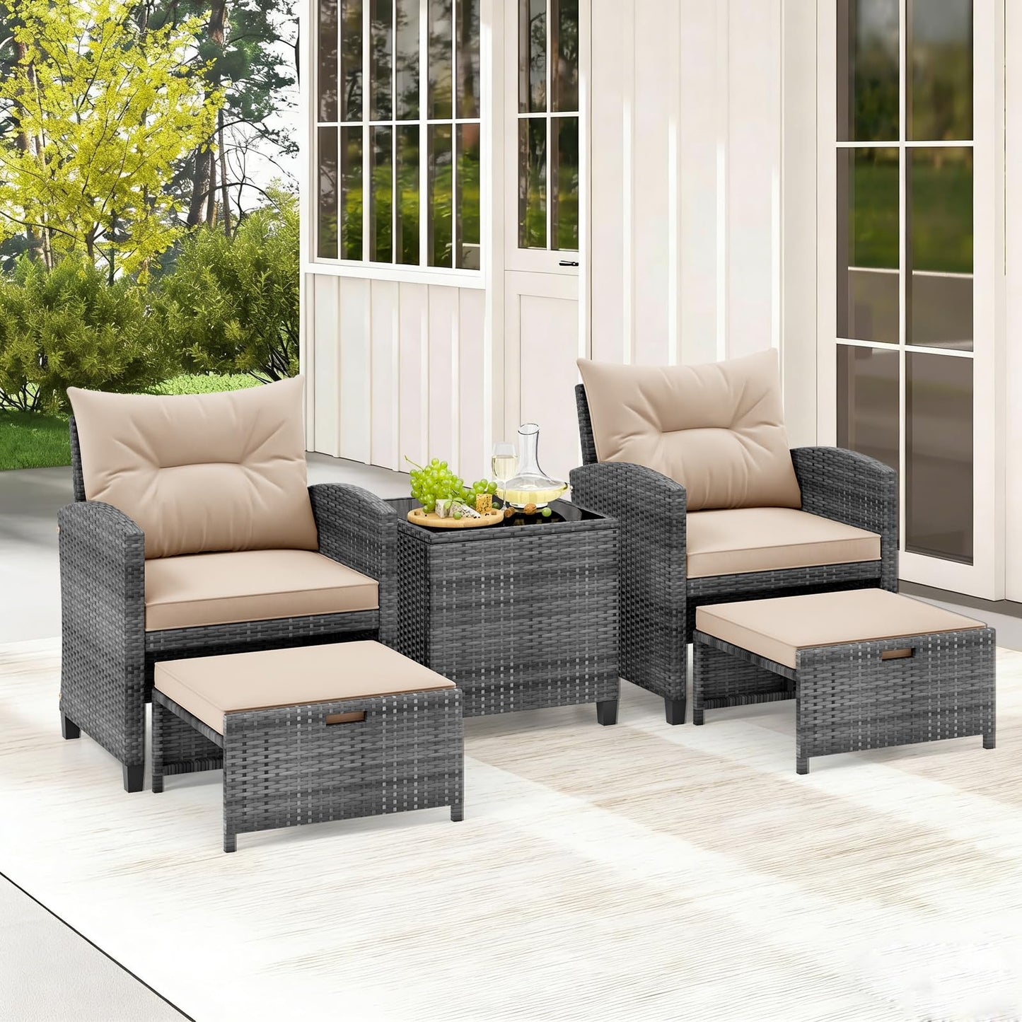 COSTWAY 5-Piece Rattan Conversation Set, Outdoor Wicker Sofa, Tempered Glass Coffee Table & Ottomans for Small Space, Boho Chic Indoor/Outdoor Furniture Set for Poolside, Backyard, Deck (Beige)