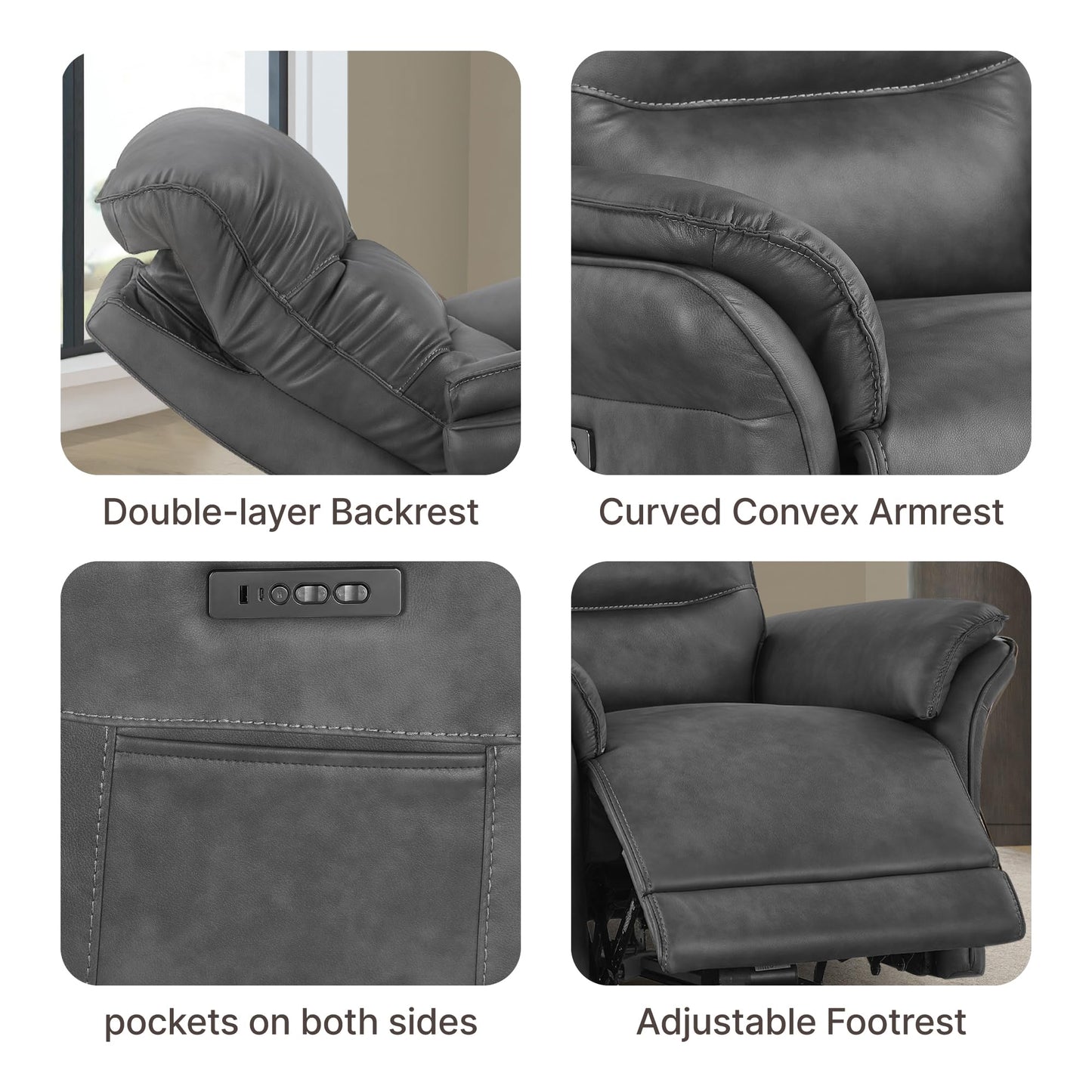 KISLOT Power Recliner Chair with Adjustable Headrest and Footrest, Dual Motor Leather Reclining Chair with USB/Type-C Charging, Zero Gravity Modern Electric Recliner for Adults Living Room Bedroom