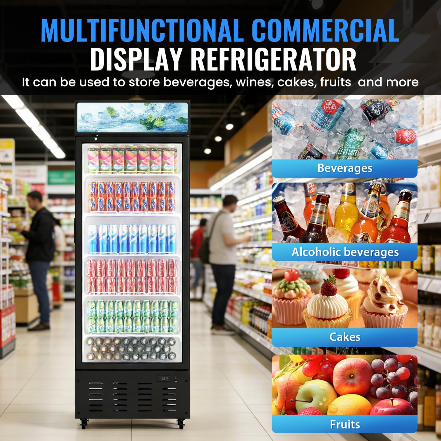 Frostvale 15 Cu.Ft Commercial Display Refrigerator, Black Single Glass Door Beverage Cooler with Lighted Header, ETL Upright Merchandiser Fridge for Drinks, Soda, Beer, Cafe, Store, Bar