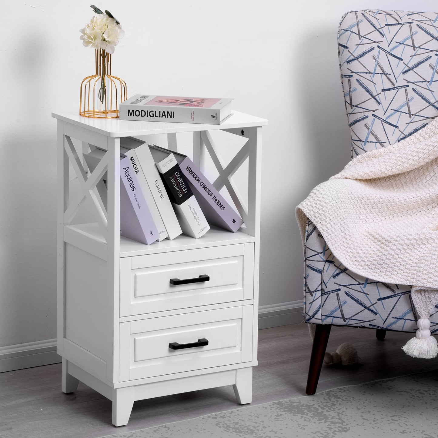 White Nightstand with 2 Storage Drawers Cabinet, Tall End Table with Wooden X-Design for Bedroom,Living Room, White