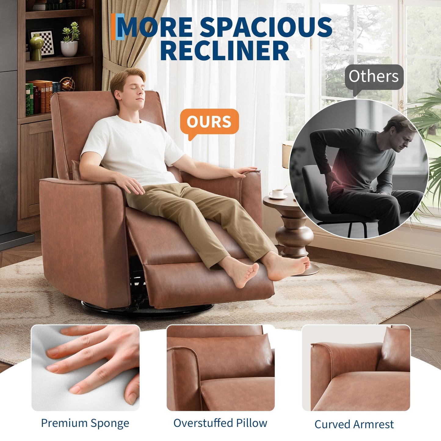 GarveeHome Recliner Chair, 360° Swivel Rocker Glider Nursery Chair with Padded Armrest and Deep Seat, PU Leather Upholstered Reclining Sofa Chair for Living Room, Bedroom and Nursery (Brown)