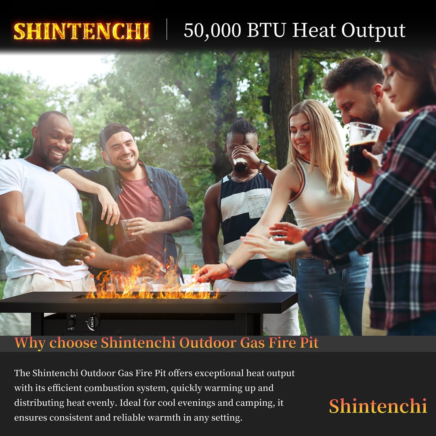 Shintenchi 43" Propane Fire Pit Table,50,000 BTU Rectangular Gas Fire Pit Table,CSA-Certified Steel 2-in-1 Multi-Use Propane Gas FirePits with Lid and Lava Rocks for Patio Garden Yard,Black