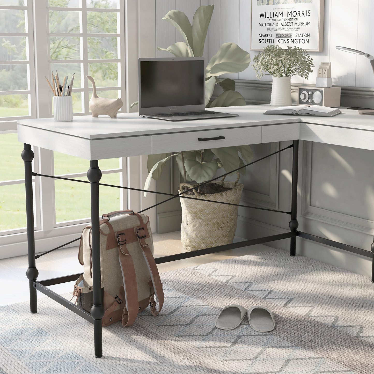 24/7 Shop at Home Monier Farmhouse Metal 2 Shelves Corner Computer Desk with USB Port, Power Outlet, 1 Drawer for Workstation, Home Office, Study Room, Antique White