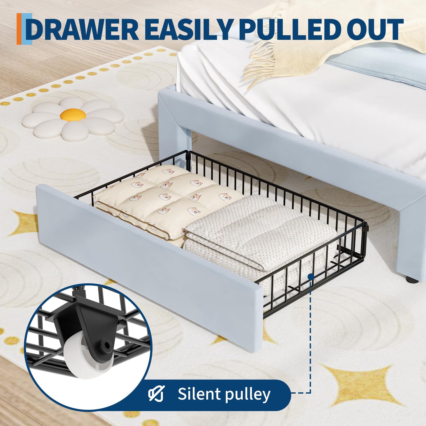 Garvee Twin Upholstered LED Bed Frame with Storage Drawer & Cute Cat Headboard, Velvet Princess Platform Bed Frame with Sturdy Wood Slats Support for Girls/Kids, No Box Spring Needed, Blue