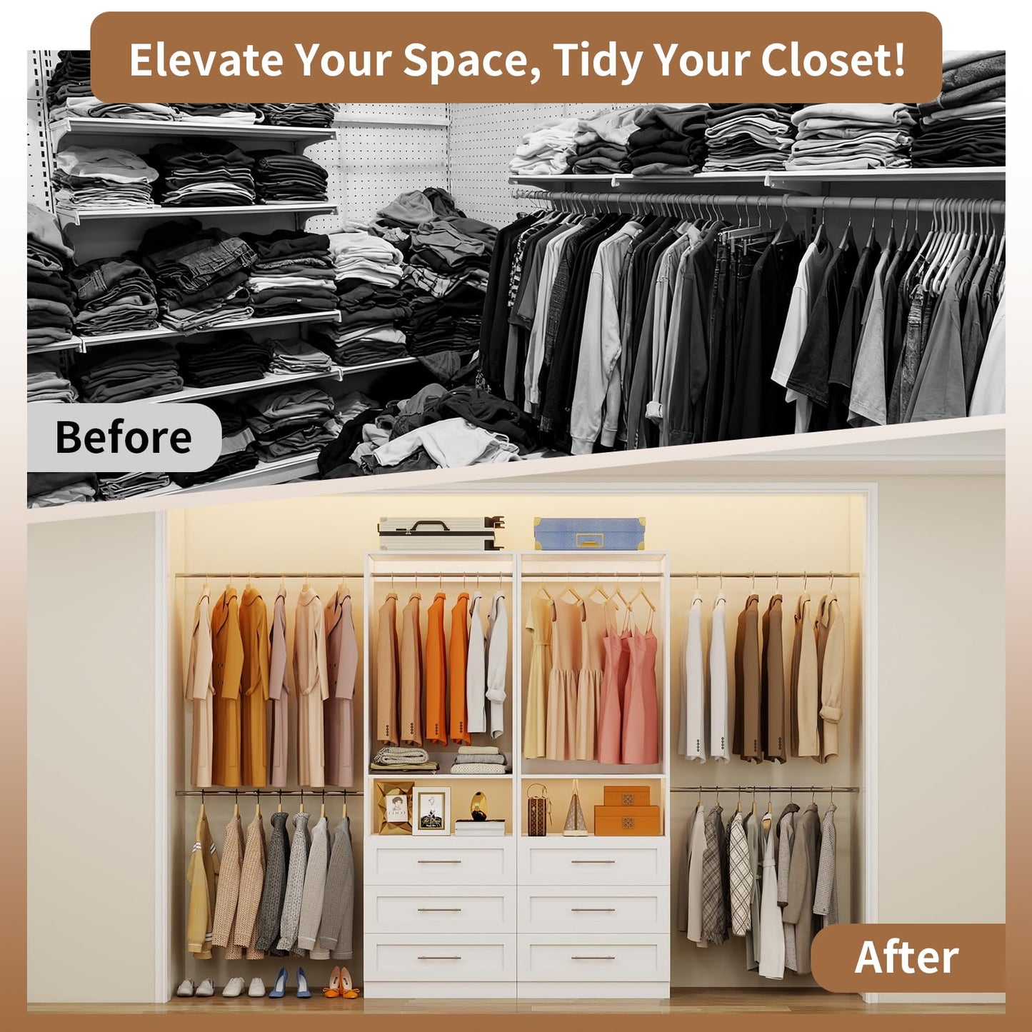 Closet System with 6 Drawers, 4FT-15FT 2-Piece Closet System, Walk in Closet Organizer System, Modular Closet System with 10 Adjustable Hanging Rods & Shelves, Closet Storage System for Bedroom, White