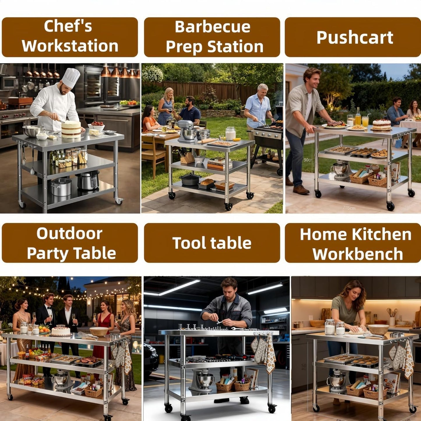 Stainless Steel Prep and Work Table with Wheels, Multi-Size Heavy-Duty Metal Commercial Kitchen Commercial Workbench,Suitable for Restaurants, Homes,Outdoor and Hotels (51" Lx24 Wx34 H)